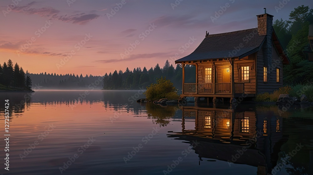 Fototapeta premium A peaceful cabin sits by a tranquil lake illuminated by warm light as twilight casts gentle colors across the water and surrounding trees