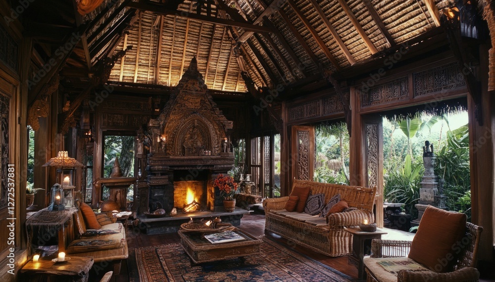 Fototapeta premium Rustic Tropical Living Room with Fireplace and Carved Wood Details