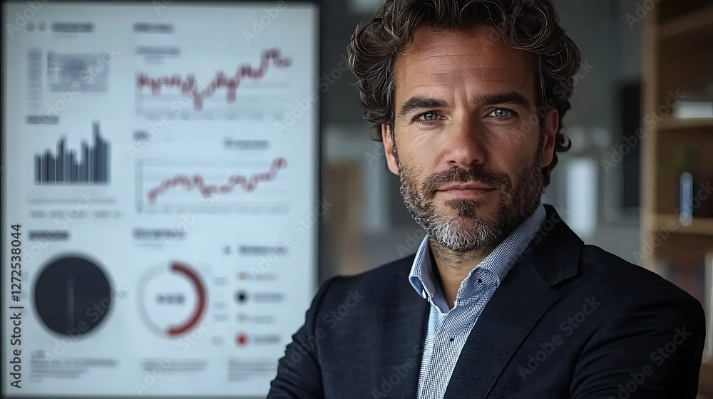 Confident businessman, office presentation, financial graphs, success Confident businessman, office presentation, financial graphs, success