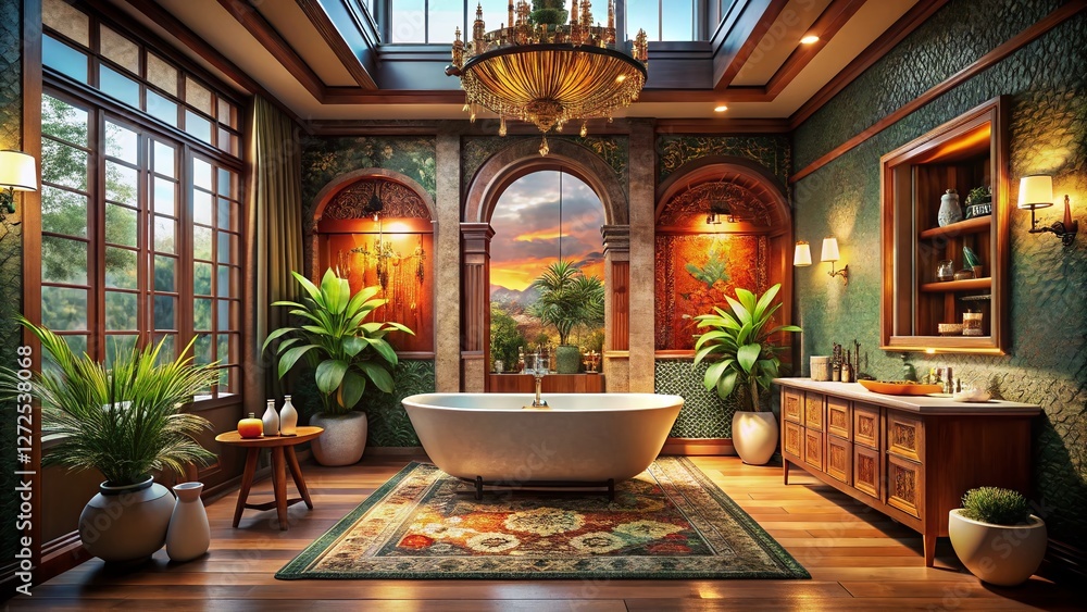 Panoramic Elegant Oriental Loft Bathroom with AI-Generated Ceramic Bathtub Panoramic Elegant Oriental Loft Bathroom with AI-Generated Ceramic Bathtub