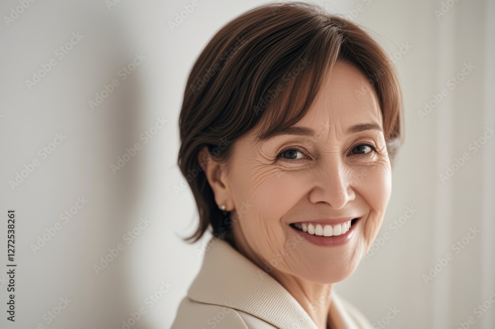 smiling woman with short brown hair and white blazer smiling woman with short brown hair and white blazer