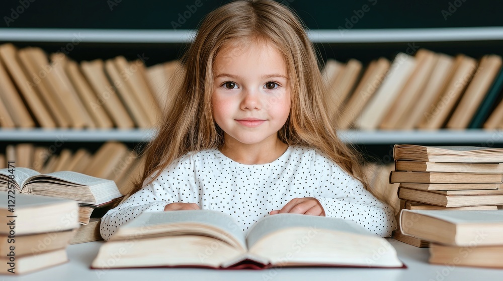 Girl reading book surrounded by books in library Girl reading book surrounded by books in library