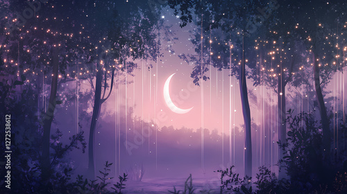 Mystical forest backdrop with towering trees, twinkling fairy lights, and a crescent moon rising behind a gauzy, lavender-hued silk curtain. Otherworldly Glow Towers. Illustration photo