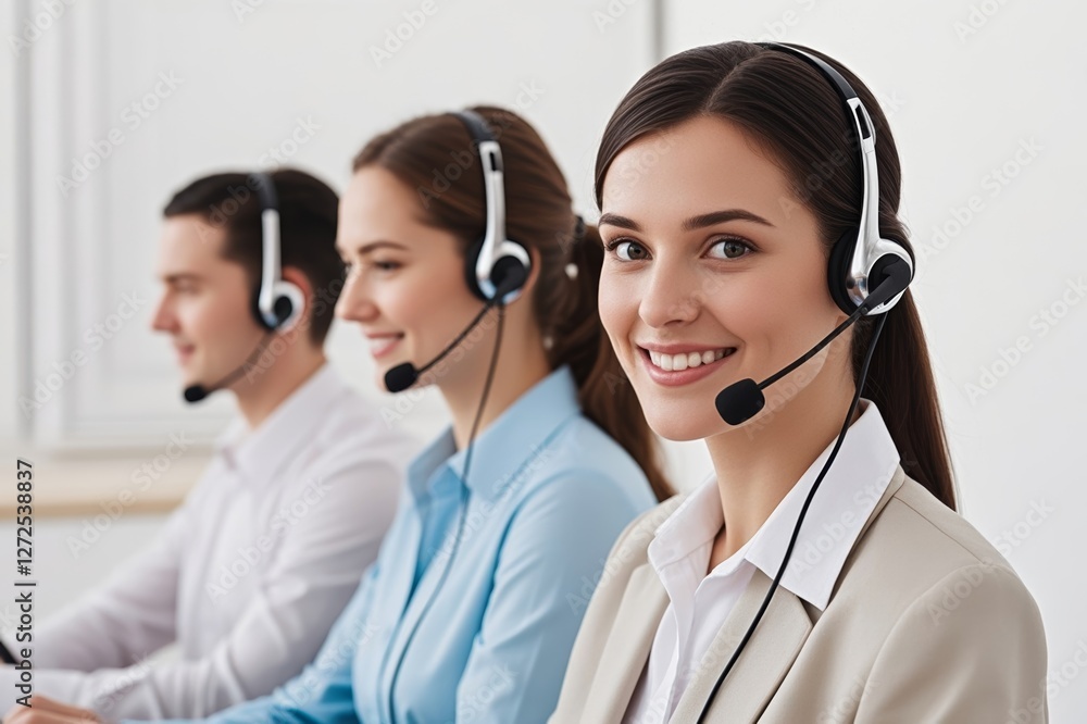 smiling woman wearing headset sitting in front of a computer smiling woman wearing headset sitting in front of a computer
