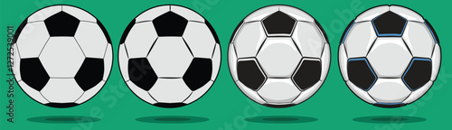 Four flat vector soccer balls (European footballs) ranging from a simple outline to detailed versions with highlights and shadows.
