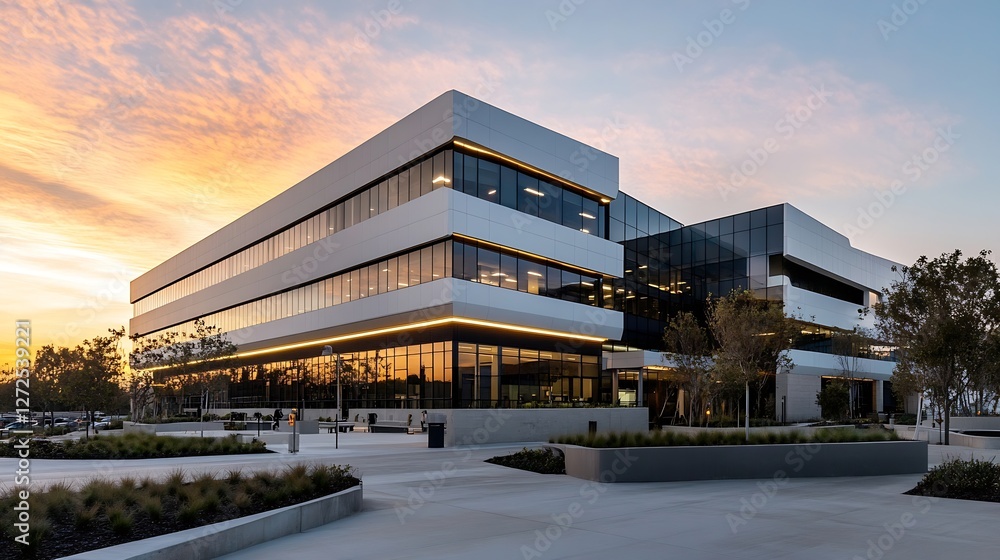 Obraz premium Modern Architectural Office Building with Large Windows under Sunset Sky : Generative AI