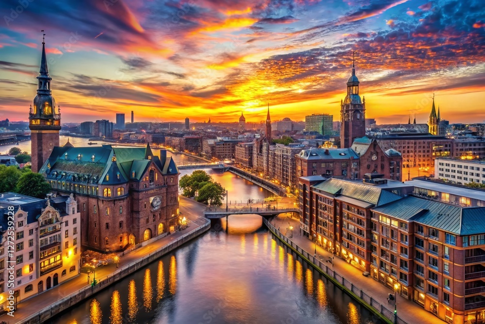 Fototapeta premium Panoramic Hamburg Cityscape: Elbe River, Speicherstadt, and HafenCity Skyline