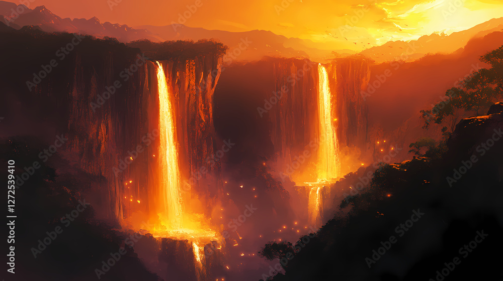 Fototapeta premium sunset waterfalls two grand towering cliffs