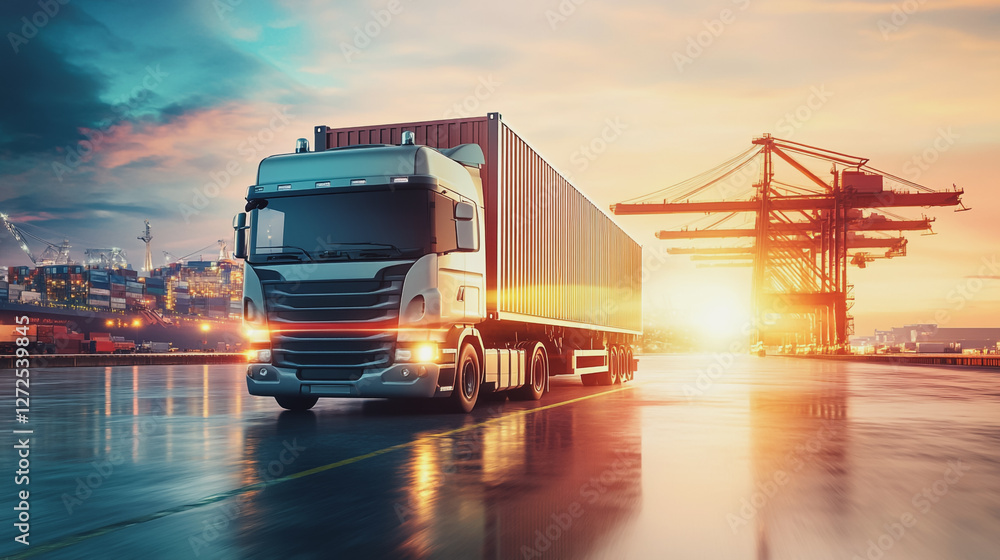 Fototapeta premium Container truck in ship port for business Logistics and transportation of Container Cargo ship and Cargo plane with working crane bridge in shipyard at sunrise, logistic import export and transport