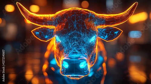 Digital bull, glowing, financial market, city background, stock trading