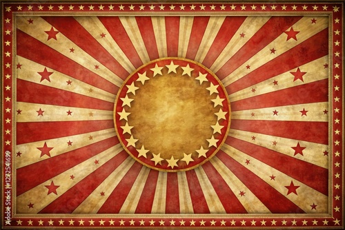 Grunge paper. Red, white sunburst. Golden stars. Minimalist vintage circus poster backdrop.