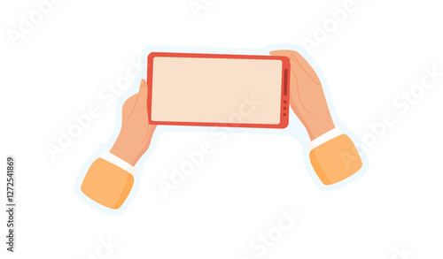 Hand holding smartphone sticker. Users palm grips a mobile phone. Empty screen template, digital concept, ideal for application showcases and technology services.