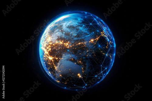 Global Network: A mesmerizing visualization of Earth's interconnected digital world, showcasing the intricate web of communication and data flow across continents. photo