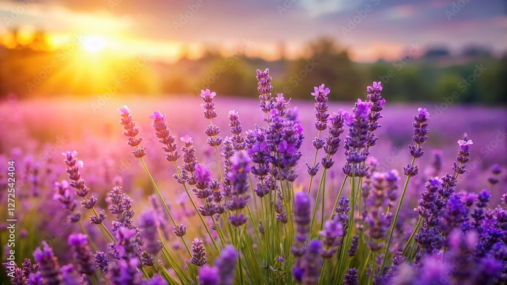 Fototapeta premium Panoramic Summer Lavender Field: Blooming Purple Flowers, Soft Focus Background Banner Image
