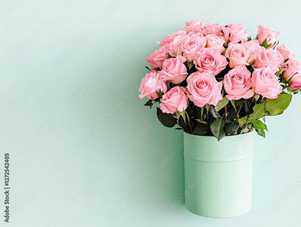 Fresh pink roses in a mint green vase against a soft pastel background Fresh pink roses in a mint green vase against a soft pastel background