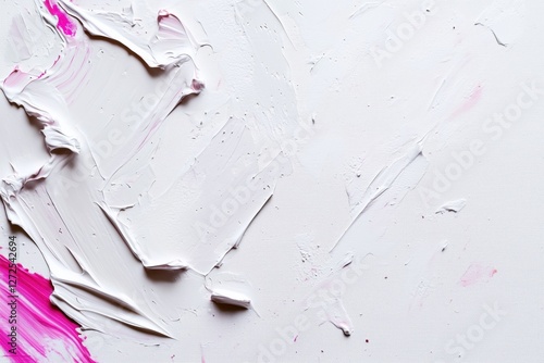 An abstract background featuring thick, textured strokes of white and pink paint. The surface is predominantly white with hints of pink, creating a modern and artistic feel. photo