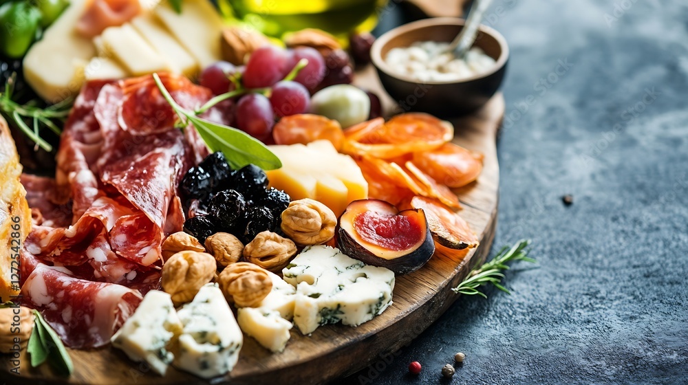 Gourmet Charcuterie Board Artfully Arranged with Cheeses Meats and Fresh Fruits : Generative AI Gourmet Charcuterie Board Artfully Arranged with Cheeses Meats and Fresh Fruits : Generative AI