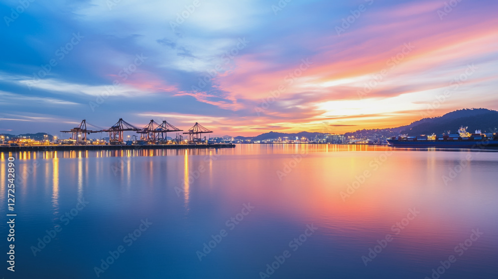 Container truck in ship port for business Logistics and transportation of Container Cargo ship and Cargo plane with working crane bridge in shipyard at sunrise, logistic import export and transport Container truck in ship port for business Logistics and transportation of Container Cargo ship and Cargo plane with working crane bridge in shipyard at sunrise, logistic import export and transport