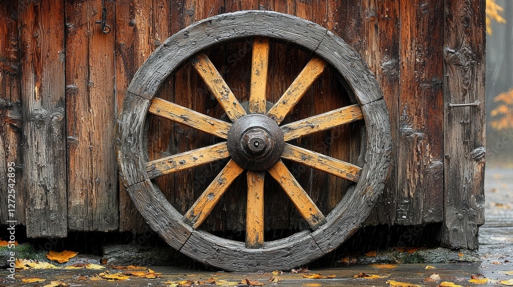 Wooden wagon wheel against rustic wooden wall Wooden wagon wheel against rustic wooden wall