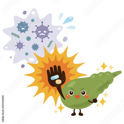 ウイルスを薬剤で治療して元気になる胆嚢のキャラクターイラスト