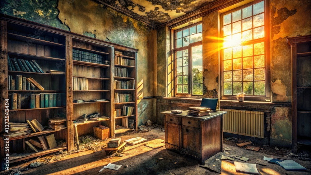 Grungy, abandoned office; retro workspace, urban exploration, bookshelf, Zoom background. Grungy, abandoned office; retro workspace, urban exploration, bookshelf, Zoom background.