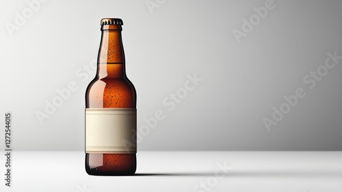 A solitary brown beer bottle with a blank label, set against a minimalist gray background photo