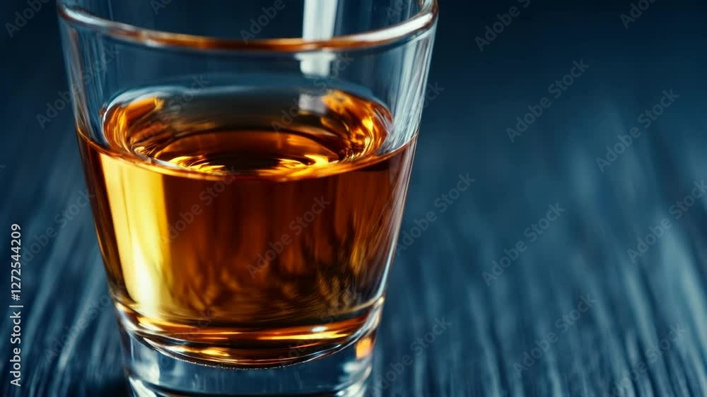 Amber liquid in a shot glass on a dark blue wooden surface. Close up view with subtle lighting Amber liquid in a shot glass on a dark blue wooden surface. Close up view with subtle lighting