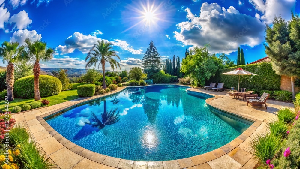 Fototapeta premium Panoramic View of a Sparkling Blue Swimming Pool with Lush Greenery