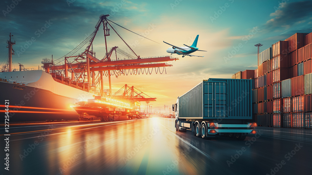 Naklejka premium Container truck in ship port for business Logistics and transportation of Container Cargo ship and Cargo plane with working crane bridge in shipyard at sunrise, logistic import export and transport