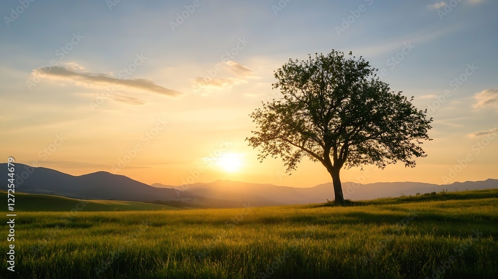 Isolated majestic tree standing in a golden field during a picturesque sunset : Generative AI Isolated majestic tree standing in a golden field during a picturesque sunset : Generative AI