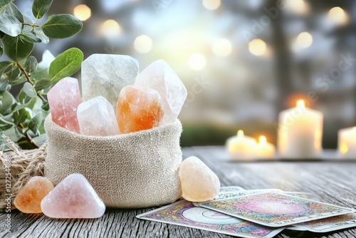 Obraz na płótnie A mystical crystal arrangement featuring gemstones resting on a silk pouch, spilling onto a cosmic-patterned tablecloth, surrounded by tarot decks and dreamy lighting. . w salonie