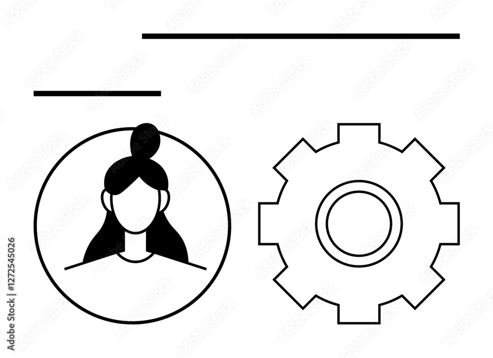 Obraz premium Female profile avatar and gear icon suggest customization, user interface, or settings. Ideal for technology, apps, workflow, customization, user management, options menus abstract line flat