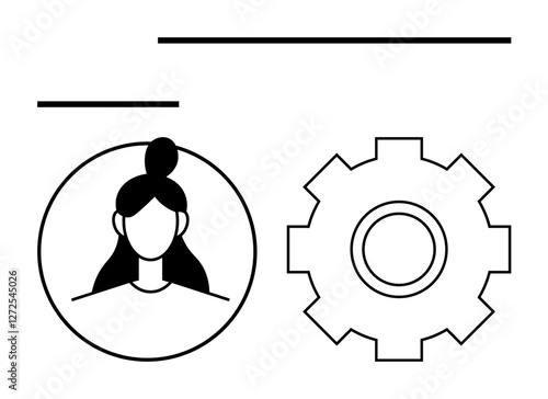 Female profile avatar and gear icon suggest customization, user interface, or settings. Ideal for technology, apps, workflow, customization, user management, options menus abstract line flat