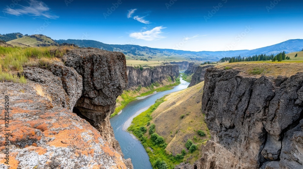 Obraz premium Majestic River Flowing Through Rocky Canyon Landscape in Daylight