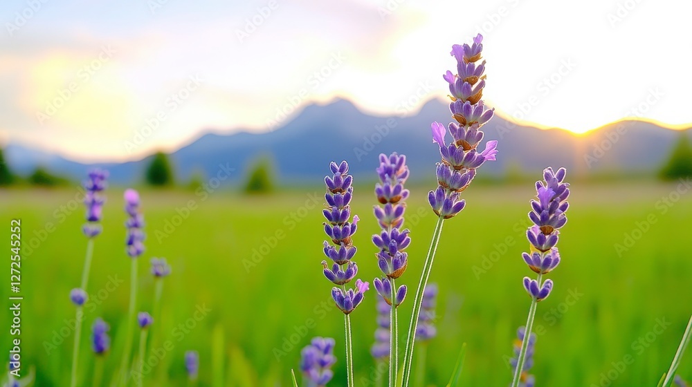 Obraz premium Beautiful Lavender Fields with Mountains and Sunset in Background
