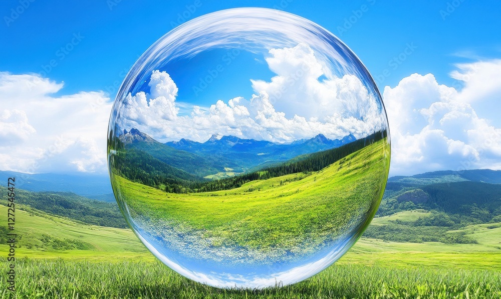 A crystal-clear globe reflecting a vibrant landscape of mountains and lush green fields under a bright sky A crystal-clear globe reflecting a vibrant landscape of mountains and lush green fields under a bright sky