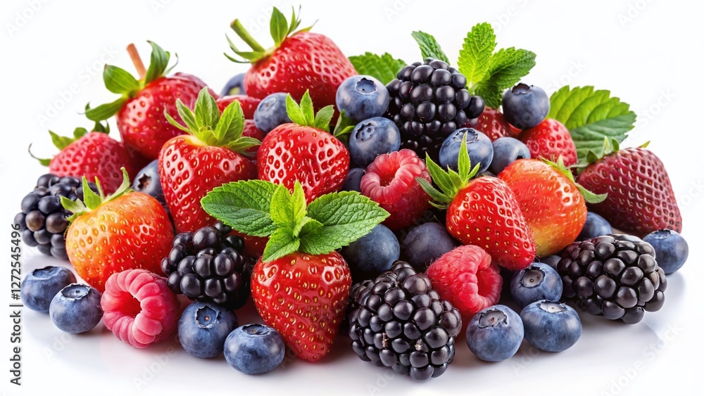 Panoramic View of Fresh Berries: Strawberries, Raspberries, Blueberries, and Blackberries Isolated on White Panoramic View of Fresh Berries: Strawberries, Raspberries, Blueberries, and Blackberries Isolated on White