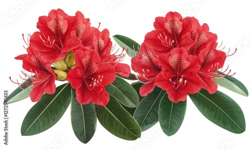 Vibrant red rhododendron flowers in full bloom surrounded by lush green leaves, showcasing nature's beauty