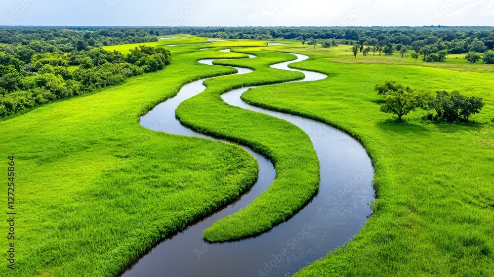 Serpentine River Flowing Through Lush Green Grassland Landscape Serpentine River Flowing Through Lush Green Grassland Landscape