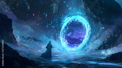 Surrealism art of an oracle performing an invocation in an underwater realm. Astral Bioluminescent Portal. Illustration