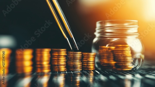 A close-up of coins being deposited into a jar, symbolizing savings and financial management with a warm, golden light backdrop.