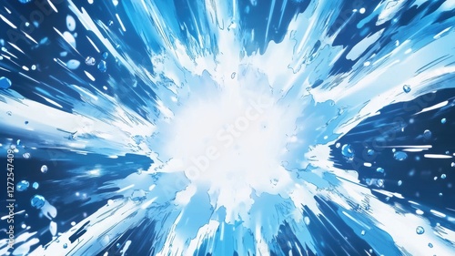 Abstract blue burst with water drops, cartoon burst of water splash