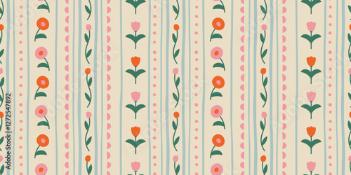 Colorful vintage flower art seamless pattern illustration. Retro nature floral background in hand drawn style. Spring season decoration texture, nature textile drawing print.