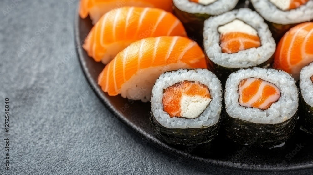 Fresh sushi platter featuring salmon nigiri and rolls with cream cheese on a dark background Fresh sushi platter featuring salmon nigiri and rolls with cream cheese on a dark background