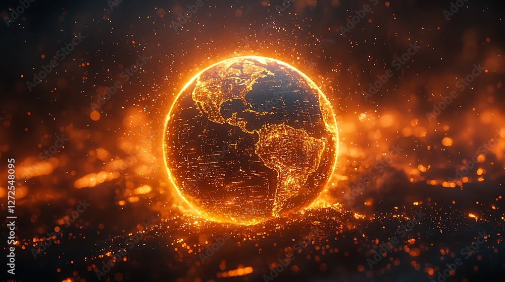 Fototapeta premium Fiery Global Network, Digital Earth, Connection, Technology, Background, Abstract, for Tech, Website