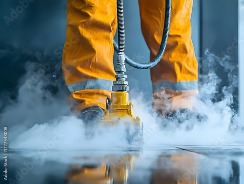 Worker using dry ice blasting machine on floor