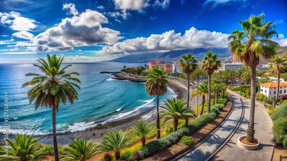 Fototapeta premium Panoramic View: Palm Trees Stroll Towards the Sea in Puerto de la Cruz, Tenerife