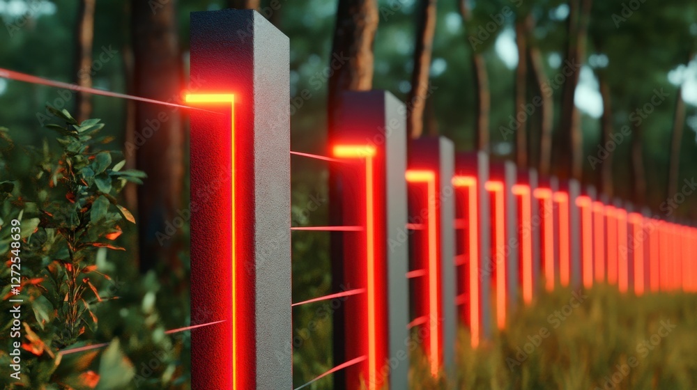 Modern Electric Fence Illuminating in a Forested Environment Modern Electric Fence Illuminating in a Forested Environment
