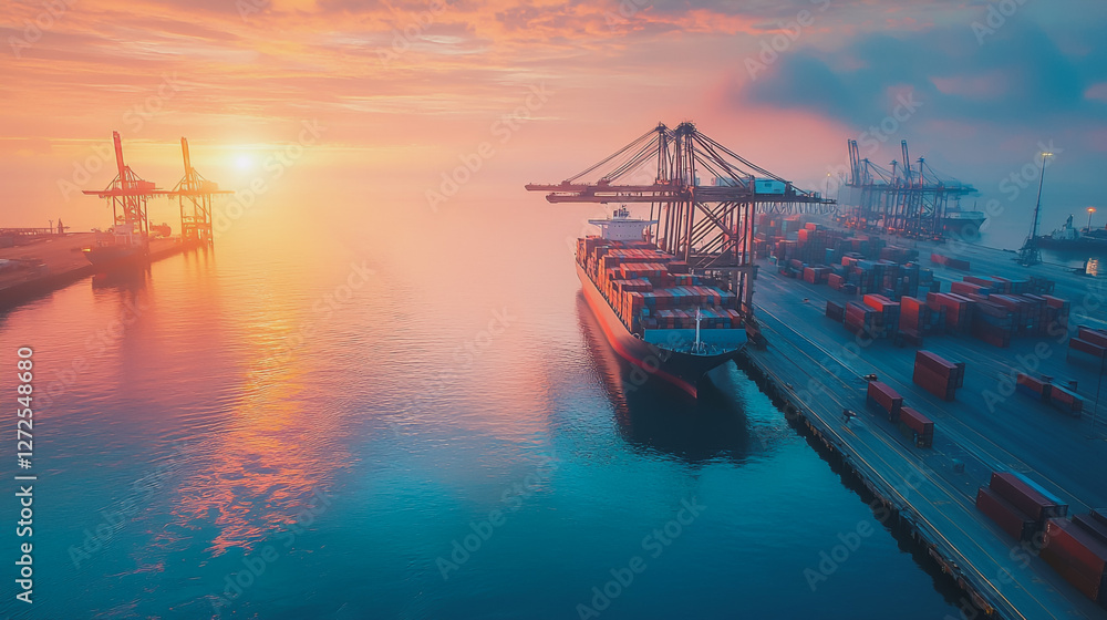 Obraz premium Container truck in ship port for business Logistics and transportation of Container Cargo ship and Cargo plane with working crane bridge in shipyard at sunrise, logistic import export and transport