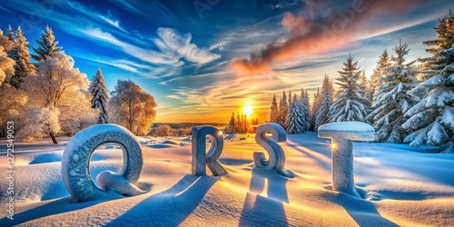 Panoramic Winter Alphabet: Q, R, S, T Frozen in Snowy Icy Frost photo